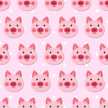 Vector flat animals colorful illustration for kids. Seamless pattern with cute pig face on pink polka dots background. Adorable cartoon character. Design for textures, card, poster, fabric, textile.