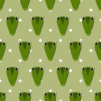 Vector flat animals colorful illustration for kids. Seamless pattern with cute crocodile face on green polka dots background. Adorable cartoon character. Design for card, poster, fabric, textile.