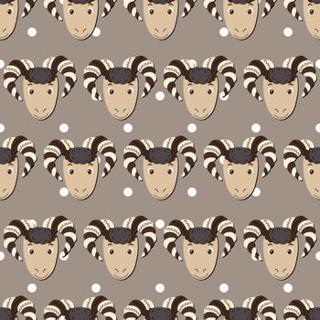 Vector flat animals colorful illustration for kids. Seamless pattern with ram face on beige polka dots background. Cute sheep. Adorable cartoon character. Design for textures, card, fabric, textile.