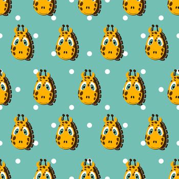 Vector flat animals colorful illustration for kids. Seamless pattern with cute giraffe face on blue polka dots background. Adorable cartoon character. Design for card, poster, fabric, textile.