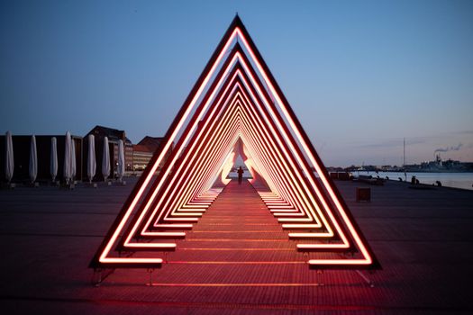 Copenhagen, Denmark - February 05, 2020: Art installation The Wave on Ofelia Square by artists Vertigo and Louise Alenius for the Copenhagen Light Festival