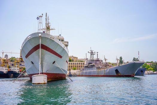 Sevastopol, Russia. Seascape with a ship in the Bay against the blue sky on a Sunny summer day.