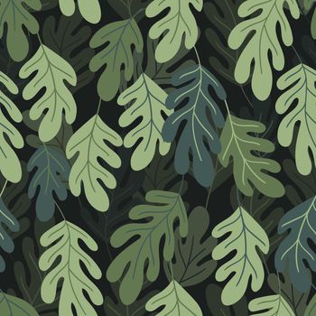 Floral seamless pattern with colorful exotic leaves on dark background. Tropic green branches. Fashion vector stock illustration for wallpaper, posters, card, fabric, textile.