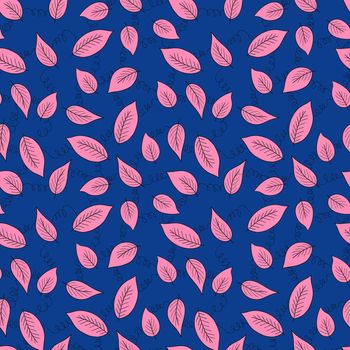 Floral seamless pattern with pink exotic leaves on blue background. Tropic branches. Fashion vector stock illustration for wallpaper, posters, card, fabric, textile.