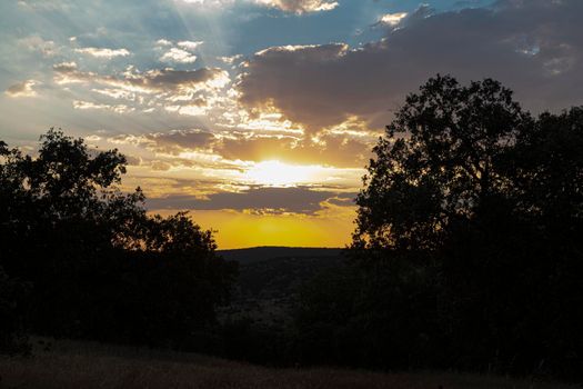 Sunset landscape with vibrant colors in southern Andalusia in Spain