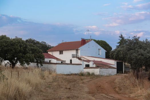 Farm in the middle of the countryside of the Sierra of cordoba Andalusia at sunset