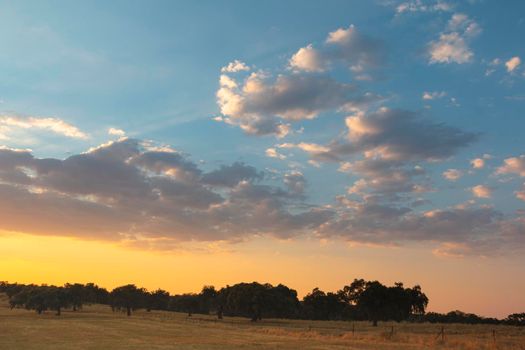 Sunset landscape with vibrant colors in southern Andalusia in Spain