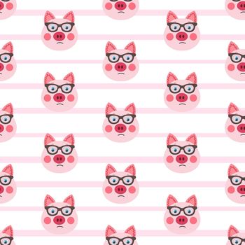 Vector flat animals colorful illustration for kids. Seamless pattern with cute pig face in sunglasses on white striped background. Adorable cartoon character. Design for textures, card, poster, fabric.