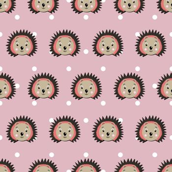 Vector flat animals colorful illustration for kids. Seamless pattern with cute hedgehog face on pink polka dots background. Adorable cartoon character. Design for card, poster, fabric, textile.