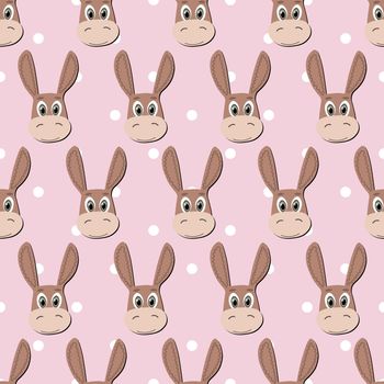 Vector flat animals colorful illustration for kids. Seamless pattern with cute donkey face on pink polka dots background. Cartoon adorable character. Design for textures, card, poster, fabric,textile.