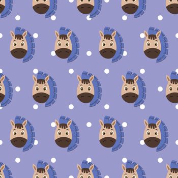 Vector flat animals colorful illustration for kids. Seamless pattern with cute horse face on purple polka dots background. Adorable cartoon character. Design for textures, card, poster, fabric,textile