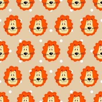 Vector flat animals colorful illustration for kids. Seamless pattern with cute lion face on beige polka dots background. Adorable cartoon character.Design for textures, card, poster, fabric, textile.