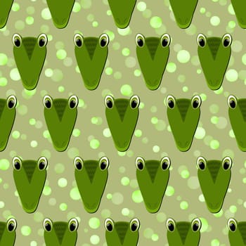 Seamless pattern with cute crocodile face on green polka dots background. Vector flat animals colorful illustration for kids. Adorable cartoon character. Design for card, poster, fabric, textile.