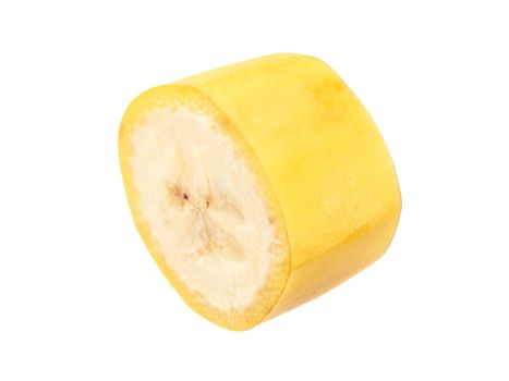 One banana slice, unpeeled. Isolated on white background with clipping path. Extreme close up, studio shoot.