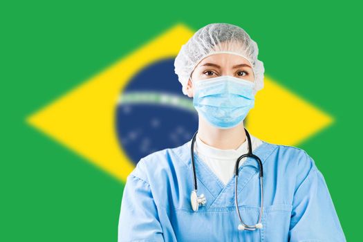 Portrait of a female doctor with flag of Brazil in background, COVID-19 virus disease crisis, Coronavirus global worldwide pandemic, social distancing isolation and quarantine concept