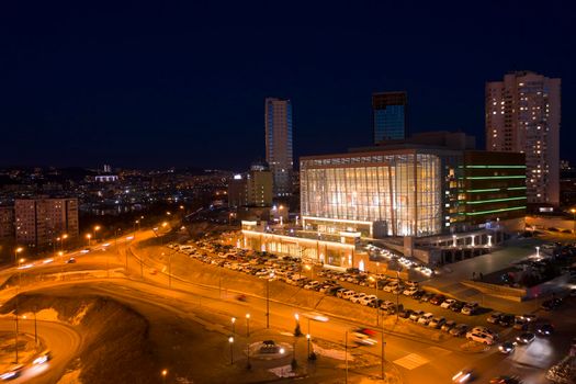 Aerial view of the night landscape with. Vladivostok, Russia