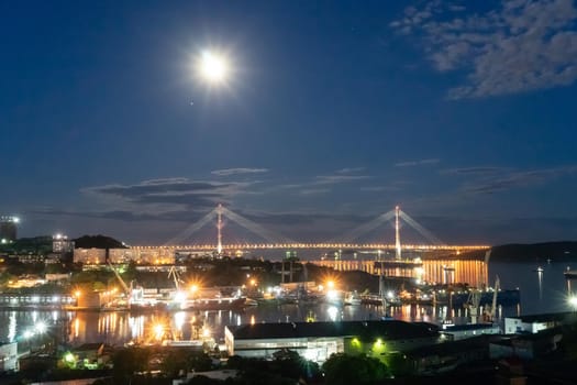 Night landscape with views of the Bay of Diomid and Russian bridge. Vladivostok, Russia