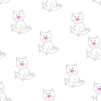 Outline vector animals seamless pattern. The piglet does exercises, goes in for sports. Cute pig on white background. Cartoon adorable character. Design for textures, card, poster, fabric, textile.