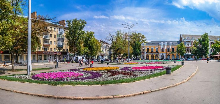 Poltava, Ukraine 07.13.2020. Historical buildings on the main pedestrian street of Poltava, Ukraine, on a sunny summer day