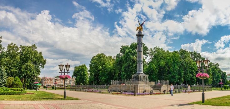 Poltava, Ukraine 07.13.2020. Round square in central Poltava, Ukraine, on a sunny summer day