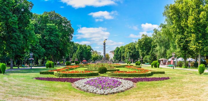 Poltava, Ukraine 07.13.2020. Round square in central Poltava, Ukraine, on a sunny summer day