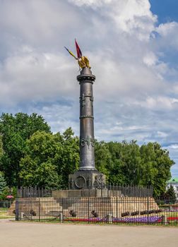 Poltava, Ukraine 07.13.2020. The Column of Glory commemorates the centenary of the Battle of Poltava, Ukraine, on a sunny summer day