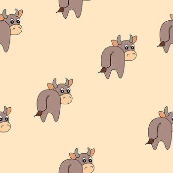 Vector flat animals colorful illustration for kids. Seamless pattern with cute bull on beige background. Cartoon adorable character. Design for textures, card, poster, fabric, textile. Cute cow.