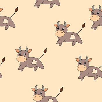 Vector flat animals colorful illustration for kids. Seamless pattern with cute bull on beige background. Cartoon adorable character. Design for textures, card, poster, fabric, textile. Cute cow.