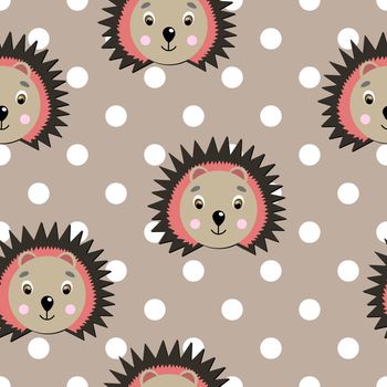 Vector flat animals colorful illustration for kids. Seamless pattern with cute hedgehog face on beige polka dots background. Adorable cartoon character. Design for card, poster, fabric, textile