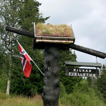 A mailbox in Norway. It's a little Norwegian house with a grass roof and a Norwegian flag