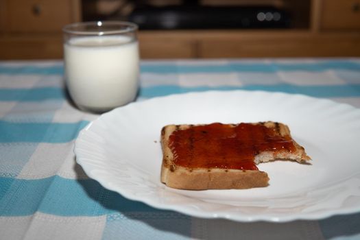 Toasted sliced bread with strawberry jam a glass of milk with a spoon