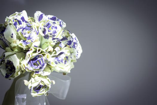 Bridal bouquet made with paper. Blue and beige color. No people