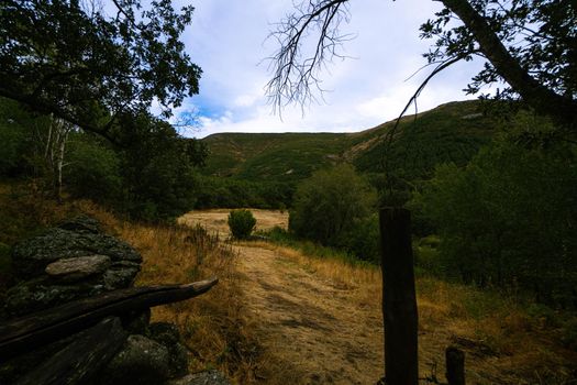 Dry meadow surrounded by mountains and a blue sky with clouds