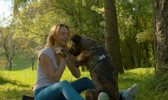 Smiling owner holding dogs paws in her hands. Young attractive lady and her dog on the stroll in the park.