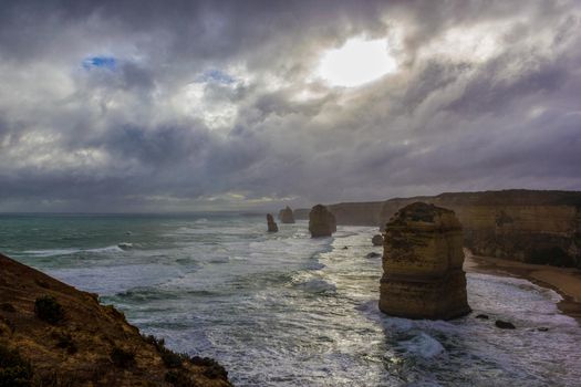 Famous cliffs at 12 Apostel, Beautiful landscape natural attraction. On a sunny day, Great Ocean Road, Victoria