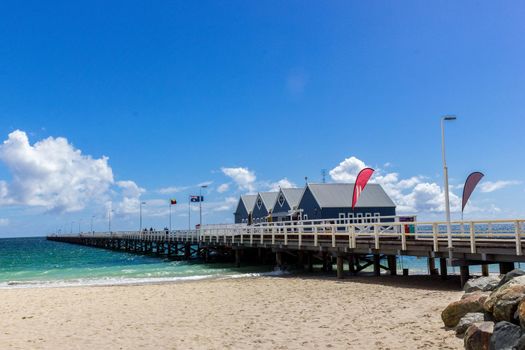 Famous wooden Busselton jetty in Western Australia on a sunny day