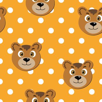 Vector flat animals colorful illustration for kids. Seamless pattern with cute bear face on yellow polka dots background. Adorable cartoon character. Design for card, poster, fabric, textile