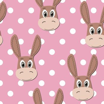 Vector flat animals colorful illustration for kids. Seamless pattern with cute donkey face on pink polka dots background. Cartoon adorable character. Design for textures, card, poster, fabric,textile.
