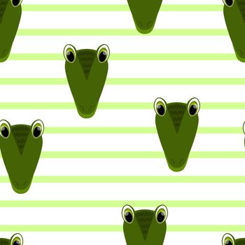 Vector flat animals colorful illustration for kids. Seamless pattern with cute crocodile face on white striped background. Adorable cartoon character. Design for card, poster, fabric, textile.