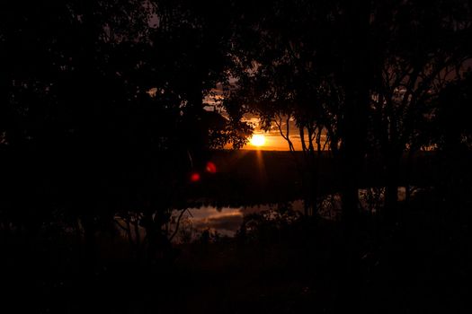 shot through tress of a beautiful sunset in the australian outback with 1 lakes, Nitmiluk National Park