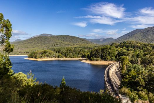 Nice view over yarra river dam with trees and blue sky, Yarra River near reefton Australia