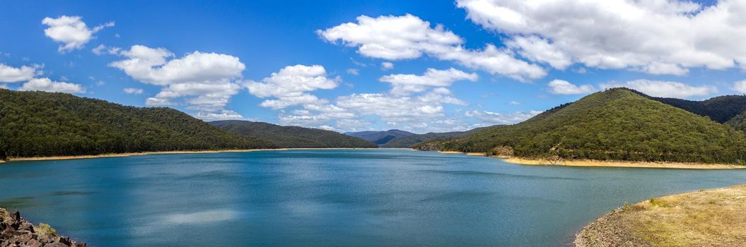 Nice view over yarra river dam with trees and blue sky, Yarra River near reefton Australia