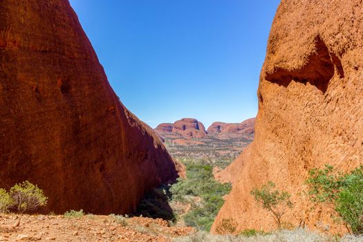 the scenic view of mount Olgas along the Walpa Gorge trail