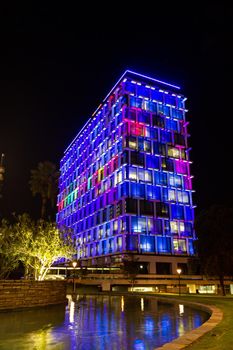 Perth, Aaustralia - March 19 : Colorful lighting on building for show people in night time at Hay street mall.