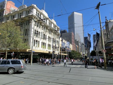 Melbourne, Australia - Swanston St during lunch time on a sunny day