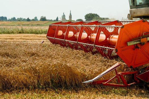 Platform grain header with thresher reel, cutter bar reaping cereal ears. Rotary straw walker combine harvester cuts and threshes ripe wheat grain. Gathering crop by agricultural machinery on field