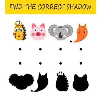 Find the correct shadow. Educational card for children. Cute animals. Logic game for kids. Home education. Colorful cartoon vector illustration.
