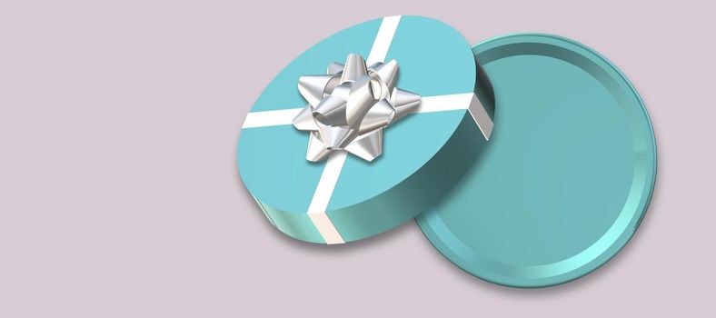 Open round gift box, bow on pastel grey background. Turquoise blue box top view, place for text, mock up. Valentines, love design, sale, surprise, gift, birthday, wedding, love template 3D render