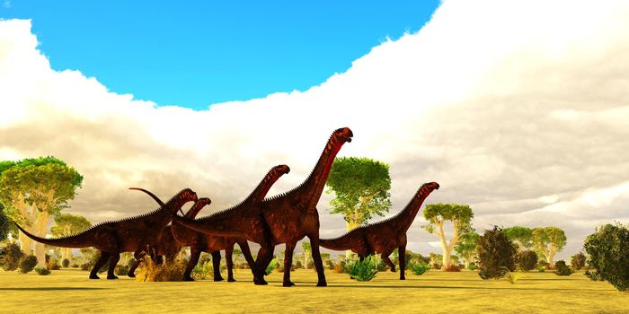 A Mierasaurus sauropod dinosaur herd travels together among a landscape of Red Oak trees during the Cretaceous Period of Utah, USA.