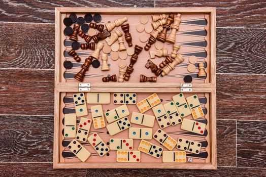A variety of board game pieces. A background miscellaneous board game pieces.
